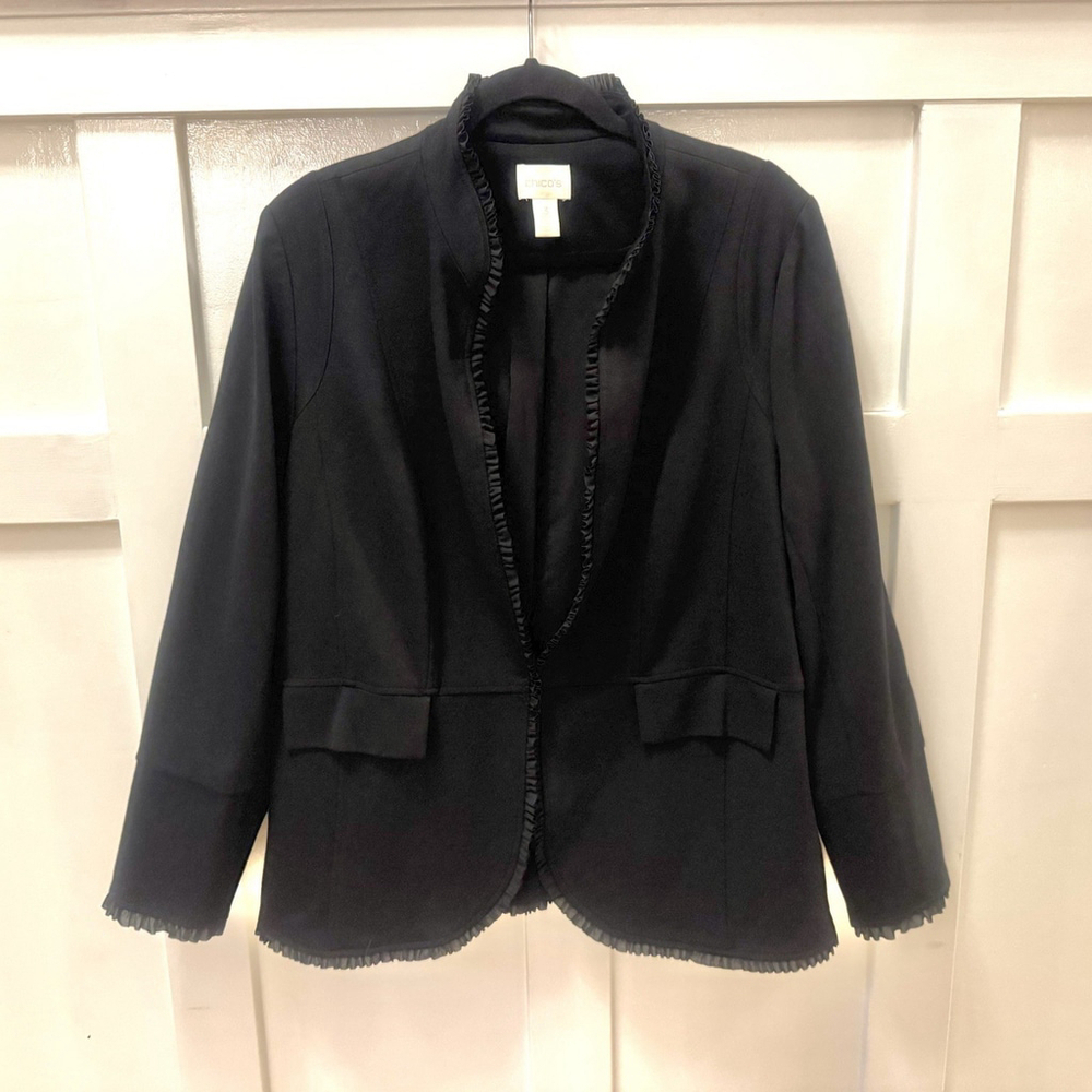Chico's Knit Ruffle-trim Blazer Size:12 Black Jacket Rayon Blend Flap Pockets